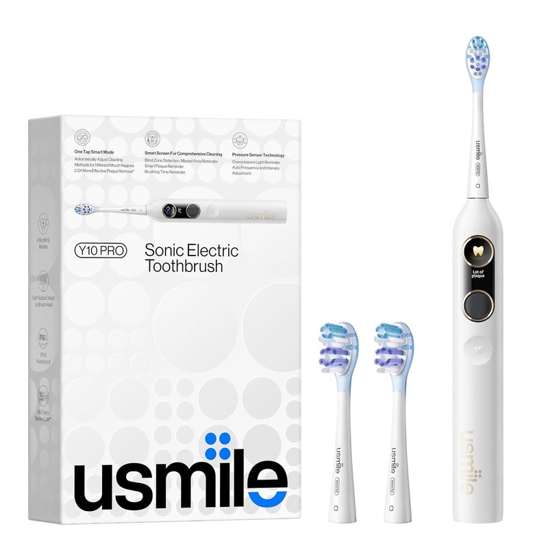usmile Y10 PRO Rechargeable Electric Toothbrush with Smart Display, Missed Spot Detection, Pressure Sensor, 180-Day Battery Life, IPX8 Waterproof, Travel-Friendly with 2 Brush Heads - Image 1
